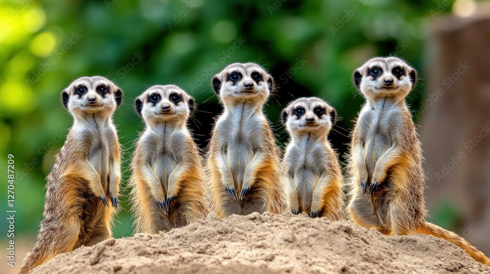 A playful group of meerkats standing upright on a sandy mound, curiously observing their surroundings in the zoo exhibit. A playful group of meerkats standing upright on a sandy mound, curiously observing their surroundings in the zoo exhibit.