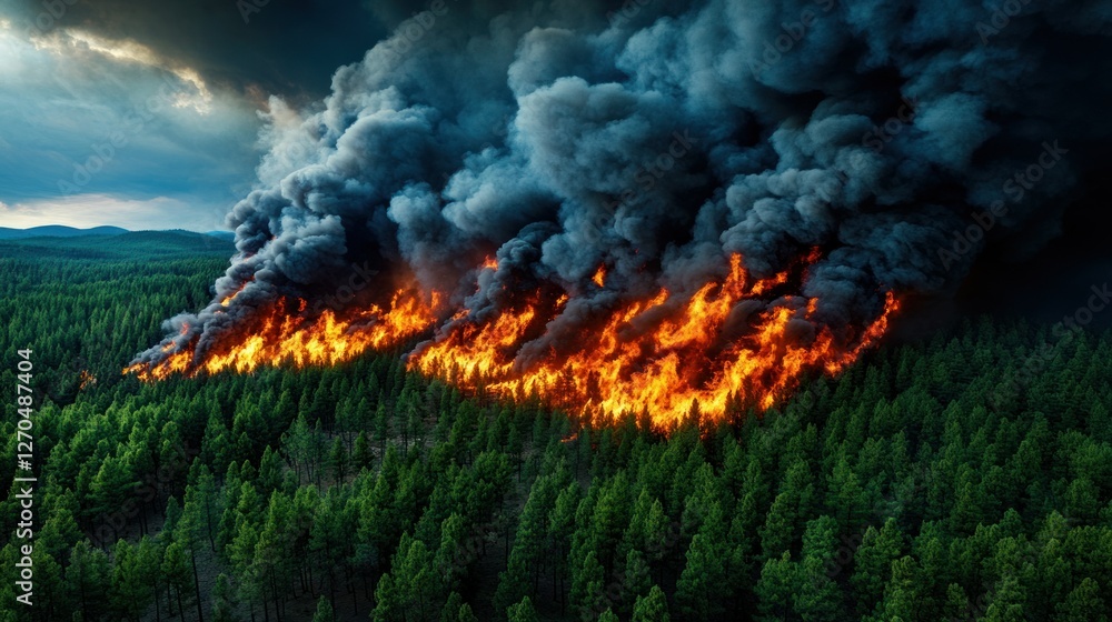 A raging wildfire engulfs a dense forest, flames reaching high as thick black smoke billows into the sky. Firefighters struggle against the inferno.