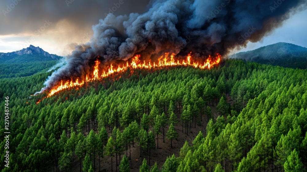 A raging wildfire engulfs a dense forest, flames reaching high as thick black smoke billows into the sky. Firefighters struggle against the inferno.