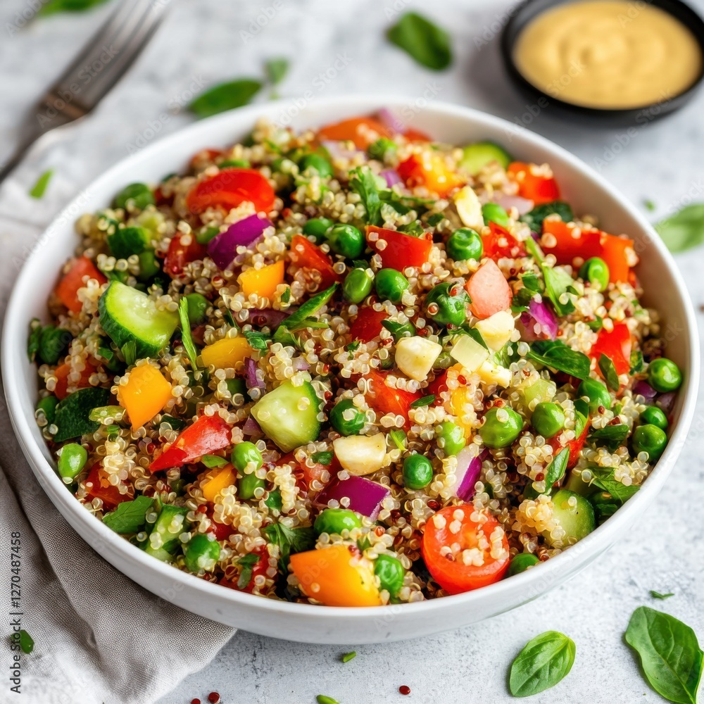 A vibrant quinoa salad with mixed vegetables, served in a modern white bowl, Quinoa salad centered A vibrant quinoa salad with mixed vegetables, served in a modern white bowl, Quinoa salad centered