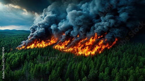 Obraz na płótnie A raging wildfire engulfs a dense forest, flames reaching high as thick black smoke billows into the sky. Firefighters struggle against the inferno. w salonie