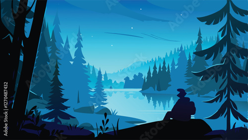 A serene hiker takes a peaceful rest near a small, babbling brook nestled within a lush, green forest.