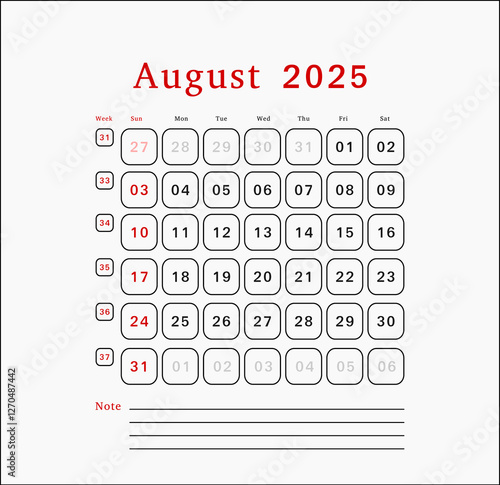 Letter calendar for August 2025. The week begins on Sunday. Time, planning, schedule concept, and includes notes. Flat design. Removable calendar for the month. Vector illustration.