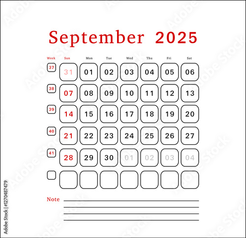 Letter calendar for September 2025. The week begins on Sunday. Time, planning, schedule concept, and includes notes. Flat design. Removable calendar for the month. Vector illustration.
