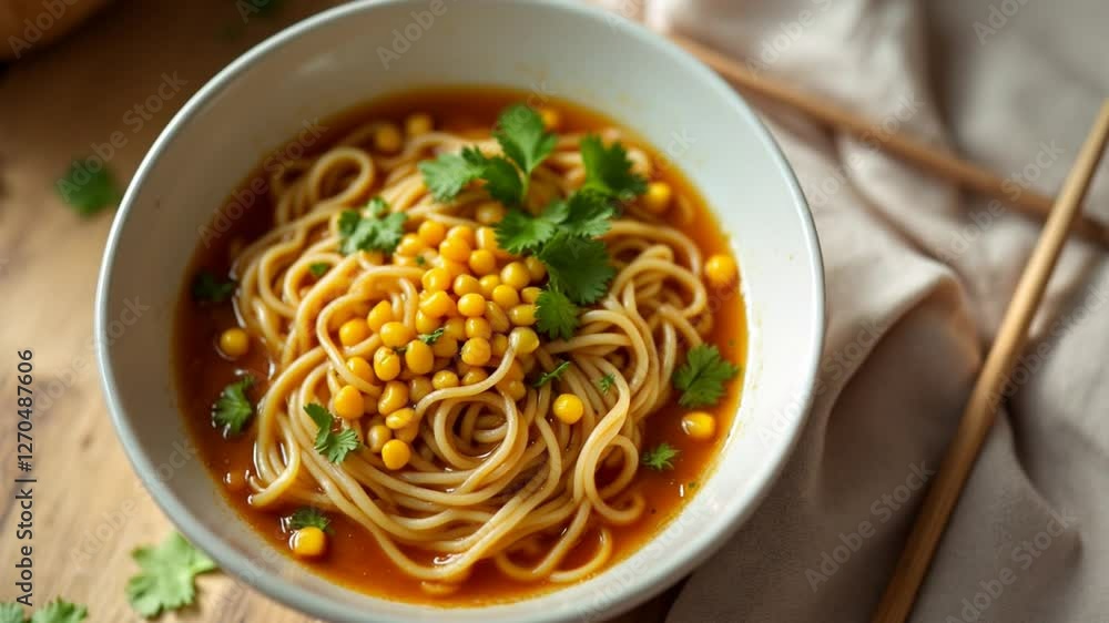Serving Ramen Soup with Corn and Cilantro in Bowl on Table Serving Ramen Soup with Corn and Cilantro in Bowl on Table