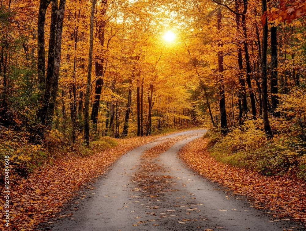 Obraz premium Autumnal road curves through vibrant forest, sunlight filters through golden leaves. Perfect for fall themes, travel, and nature concepts; evokes feelings of peace and tranquility.