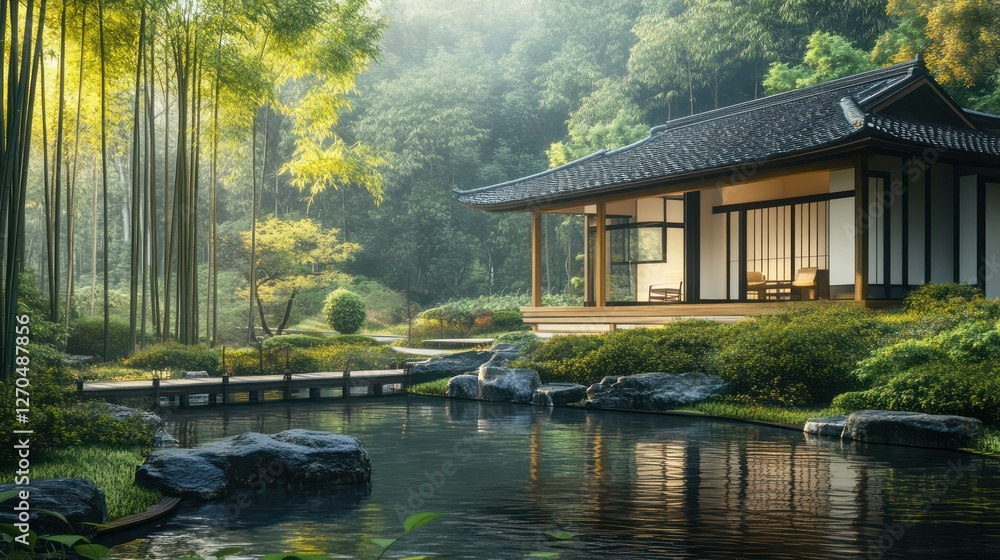 Obraz premium a Japanese tea house surrounded by a tranquil bamboo forest, offering a peaceful retreat