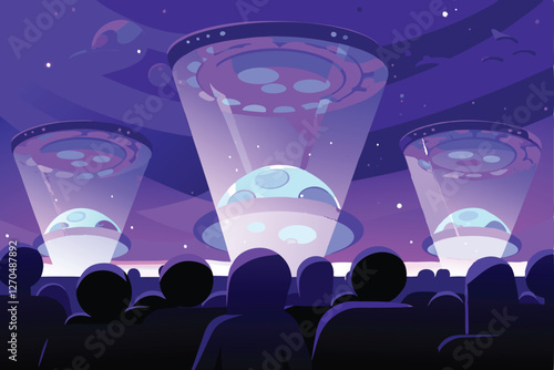 Promotional event featuring glowing extraterrestrial beings at a vibrant, futuristic expo showcasing advanced technology.