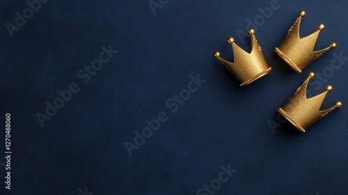January 6th Celebration with Three Gold Crowns on Blue Background for Dia de Reyes Magos: A Joyful Epiphany Day High Angle View Open Space Flat Lay Copy Space Image Place for Adding Text or Design