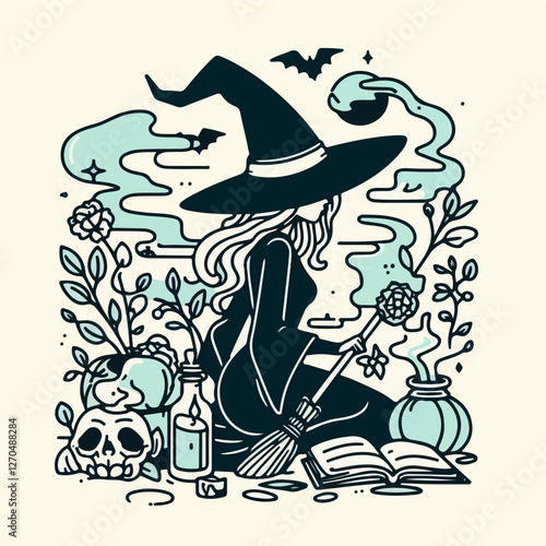 Enchanting Witch's Brew: A mystical illustration of a witch, shrouded in a dark robe and pointed hat, tending to a bubbling cauldron under the moonlight. A whimsical scene.