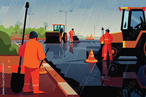 Depict a realistic rainy day road construction scene, showing workers in high-visibility gear operating machinery amidst pouring rain. Focus on the challenging conditions.