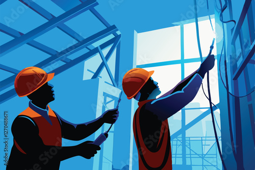 A realistic vector illustration of construction workers meticulously installing electrical components, showcasing detailed equipment and safety gear.