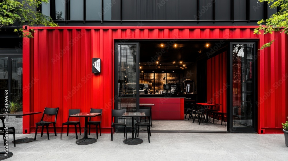 A vibrant red shipping container home converted into a stylish caf, featuring large glass doors and outdoor seating.