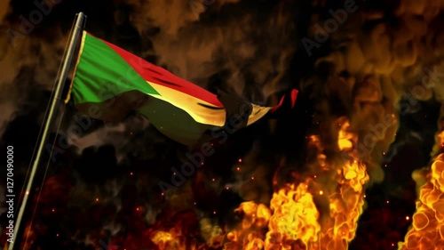 waving Sudan flag on burning fire bg - cataclysm concept