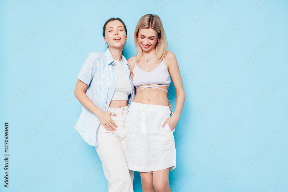 Two young beautiful smiling brunette and blond hipster female in trendy summer clothes. Lovely women posing on blue background in studio. Positive models having fun. Cheerful and happy. isolated Two young beautiful smiling brunette and blond hipster female in trendy summer clothes. Lovely women posing on blue background in studio. Positive models having fun. Cheerful and happy. isolated