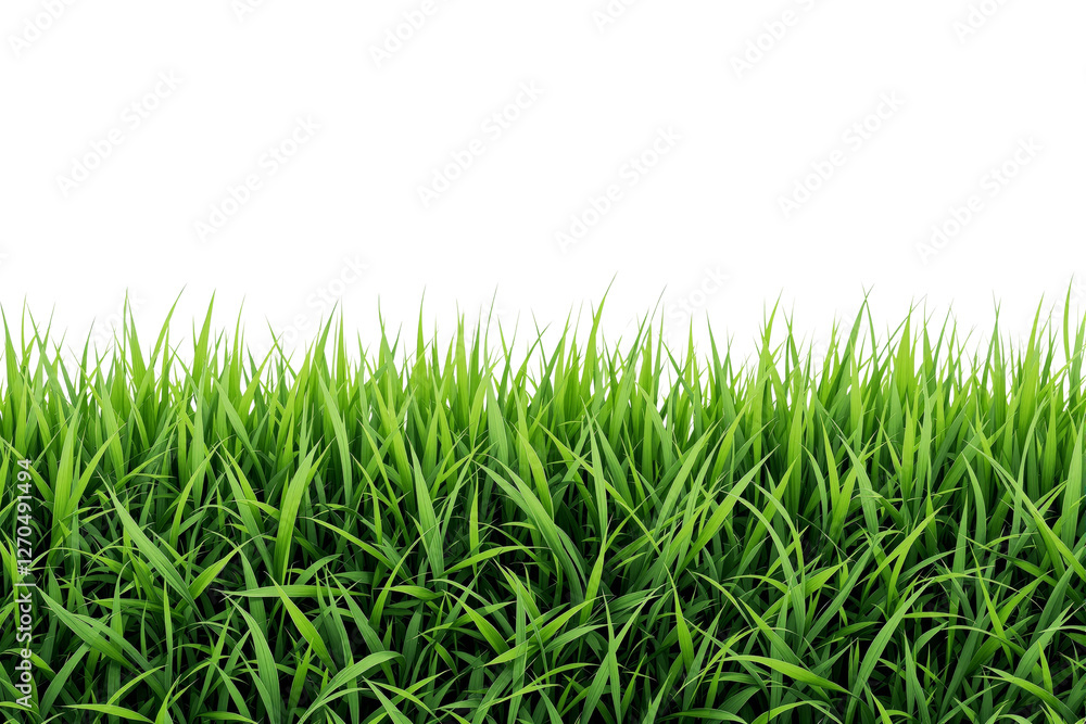 Fototapeta premium Green grass blades isolated on a white background, fresh and vibrant, perfect for nature, gardening, or landscaping design concepts. Ai generative
