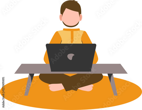 a man working from home. A man working in front of laptop, a tumbler