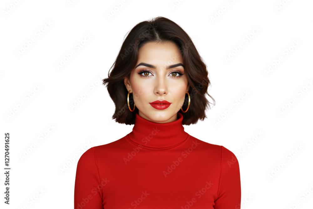 Elegant woman with short dark hair wearing red turtleneck and gold hoop earrings, isolated on white background. Fashion and beauty concept. Ai generative Elegant woman with short dark hair wearing red turtleneck and gold hoop earrings, isolated on white background. Fashion and beauty concept. Ai generative