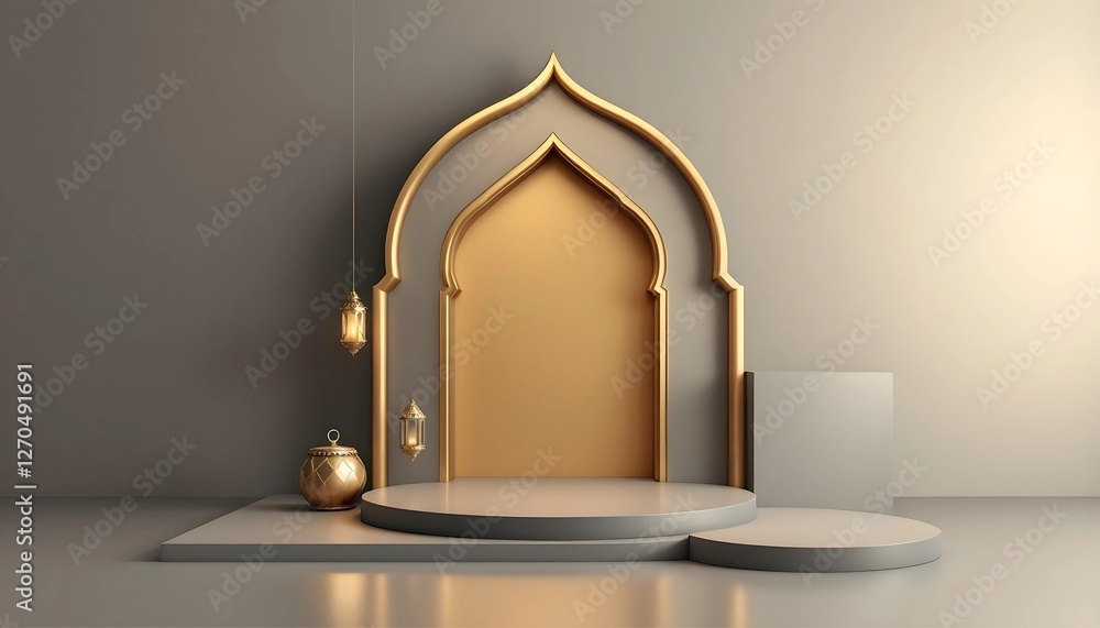 Elegant Islamic-inspired display podium with golden archway and lanterns. Elegant Islamic-inspired display podium with golden archway and lanterns.