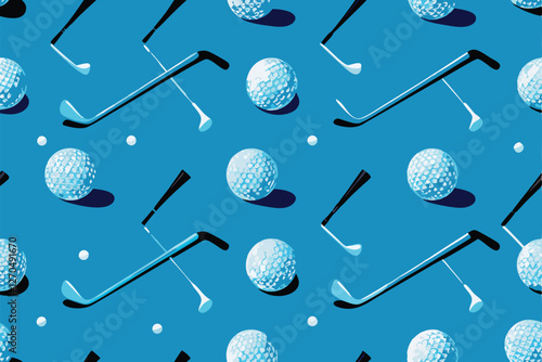 Create a vibrant, repeating seamless pattern featuring realistic golf balls, various golf clubs, and tees, arranged in a dynamic and playful composition.