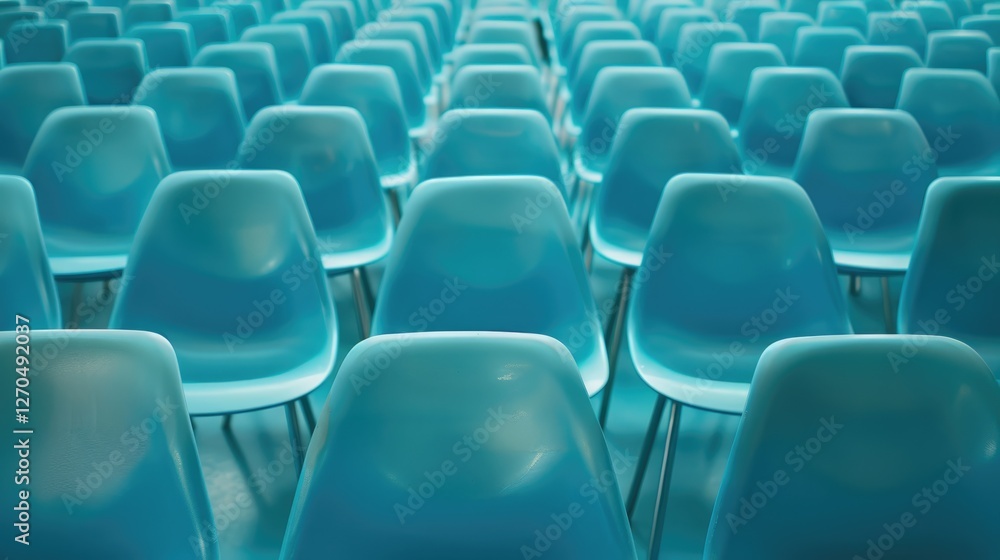 Blue plastic chairs in rows with metal legs on a matching blue background, showcasing repetition and simplicity in design. Blue plastic chairs in rows with metal legs on a matching blue background, showcasing repetition and simplicity in design.