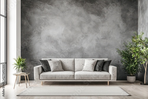 Gray minimalist design for modern loft, featuring microcement, 3D.