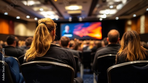 Conference Attendee: A woman with blonde hair in ponytail sits during presentation in large conference hall.
