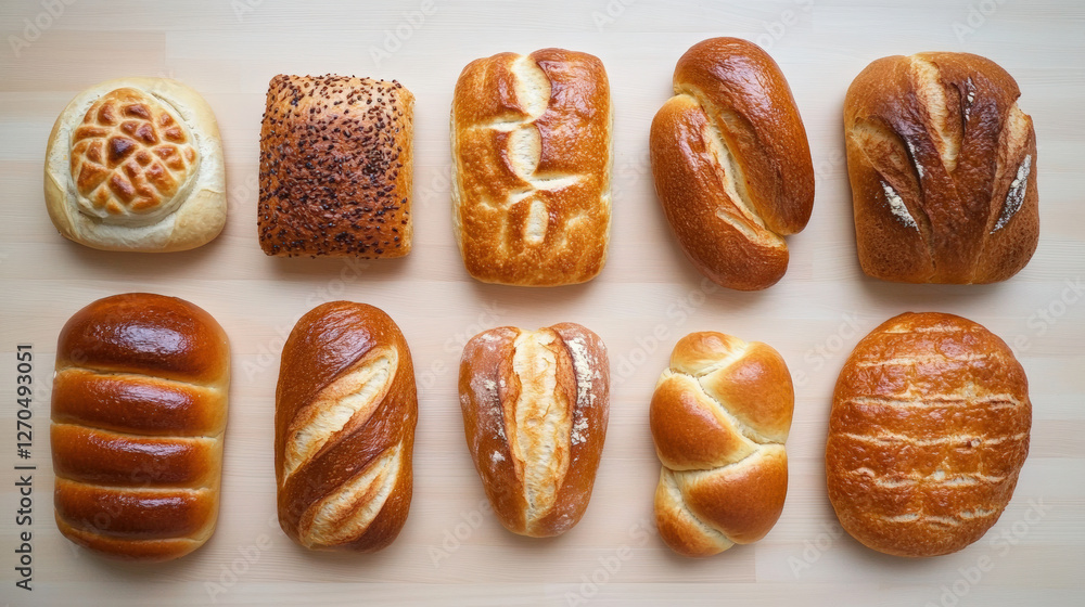 Freshly baked assortment of breads with golden crust, showcasing various shapes and textures. Perfect for breakfast or as snack, these breads are sure to delight Freshly baked assortment of breads with golden crust, showcasing various shapes and textures. Perfect for breakfast or as snack, these breads are sure to delight