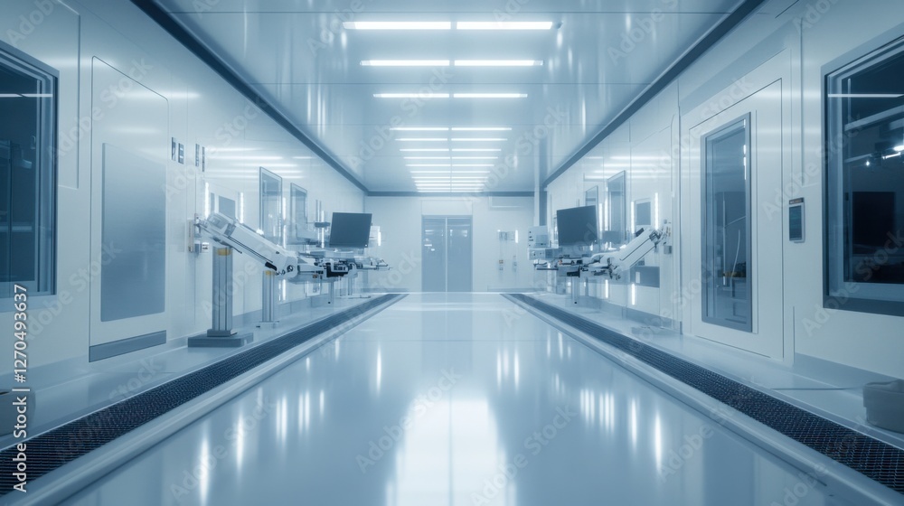 Satellite assembly in a space technology cleanroom. Featuring robotic arms and satellite components Satellite assembly in a space technology cleanroom. Featuring robotic arms and satellite components