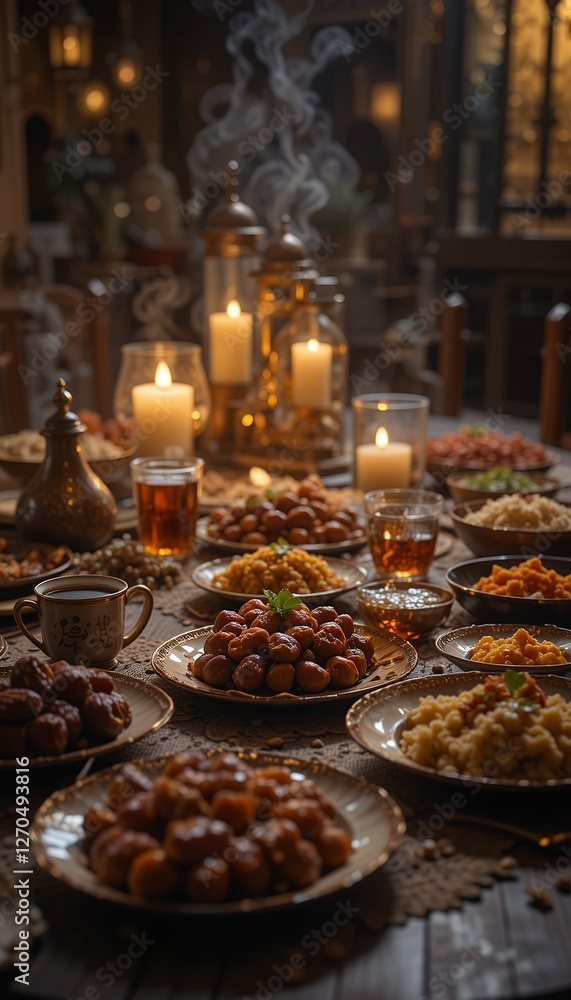 Ramadan feast with various dishes and candles Ramadan feast with various dishes and candles