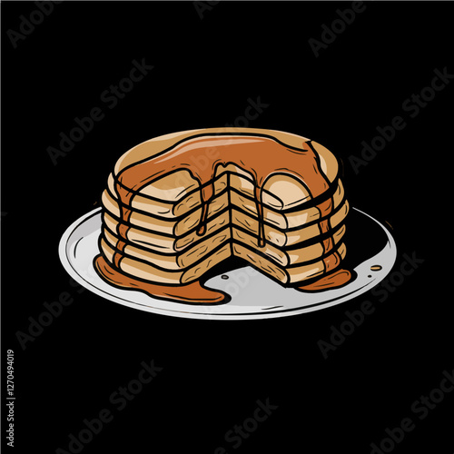 Plate of fluffy pancakes with dripping maple syrup