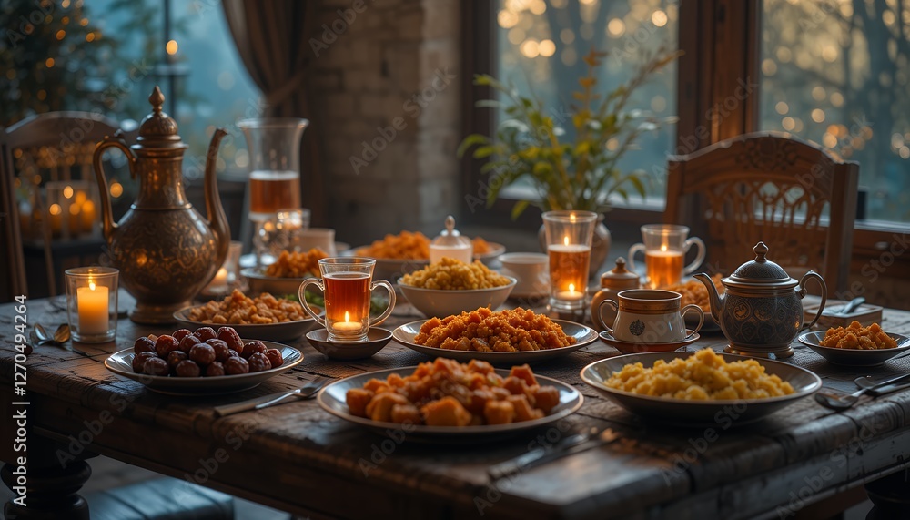 Fototapeta premium Ramadan feast with various dishes and candles