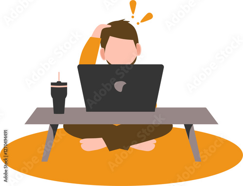 a man working and feel confuse or stuck, no idea. A man working in front of laptop, a tumbler