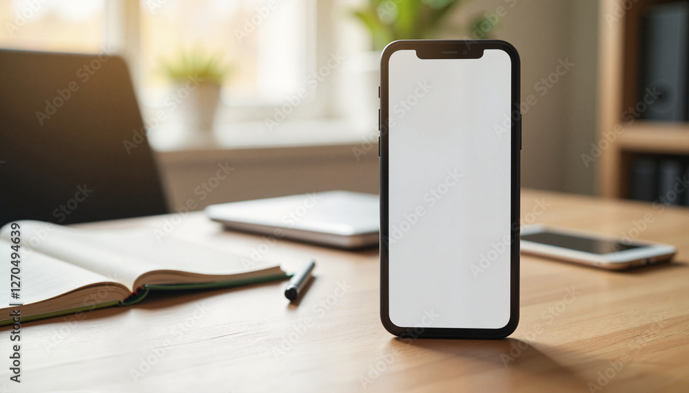 Blank smartphone on a wooden desk with a book and pen Blank smartphone on a wooden desk with a book and pen