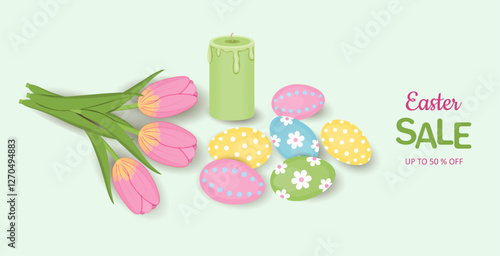 Easter painted eggs, green candle and flowers pink tulips with leaves. Vertical elongated banner for discount and shopping. Easter rectangular background with text sale. Vector illustration.