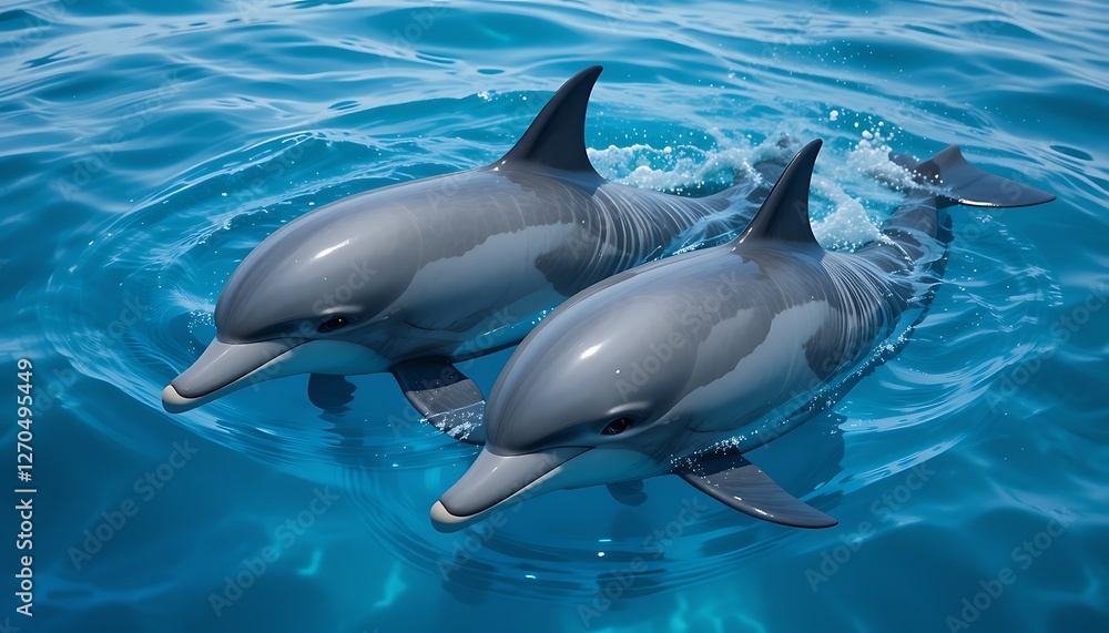 Obraz premium Two adorable dolphins swimming gracefully in crystal-clear turquoise ocean water, showcasing their sleek bodies and playful nature.