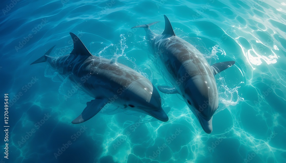 Fototapeta premium Two playful dolphins swimming together in crystal-clear turquoise ocean water, a breathtaking underwater scene showcasing their grace and beauty.
