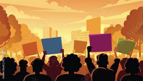 Create a vector illustration of a peaceful protest diverse crowd holding signs, banners, conveying a sense of calm unity and social justice.