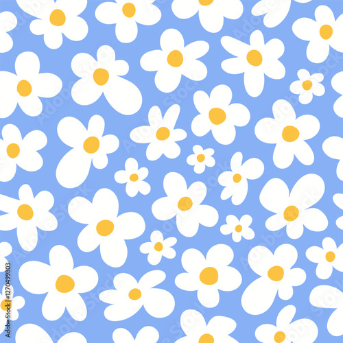 Seamless pattern with cute groovy daisy flowers on a  blue background. Vector illustration. Pastel colors