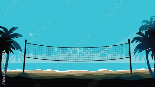 A vibrant beach volleyball net silhouetted against an abstract, radiant sunburst.  Golden sand, clear blue sky.