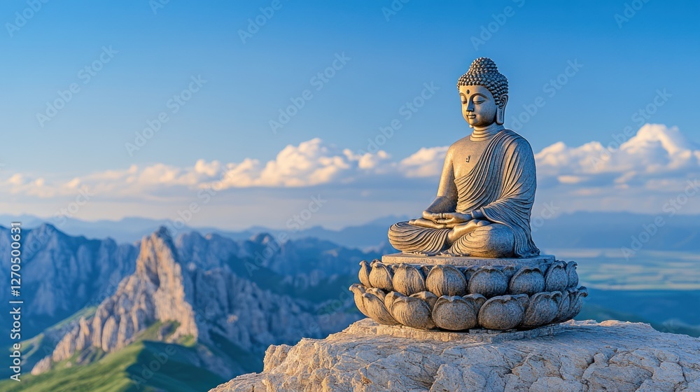 Serene Buddha Statue atop Mountain Peak with Cloudy Sky Serene Buddha Statue atop Mountain Peak with Cloudy Sky