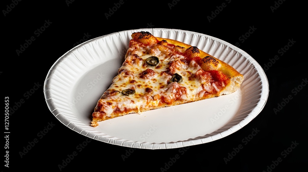 A delicious slice of pizza rests on a classic paper plate. Simple yet inviting, it showcases melted cheese, rich toppings, and a crisp crust. Generative AI A delicious slice of pizza rests on a classic paper plate. Simple yet inviting, it showcases melted cheese, rich toppings, and a crisp crust. Generative AI