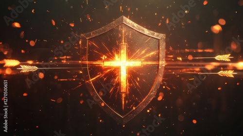 Shield with Cross, Arrows, and Sparks
