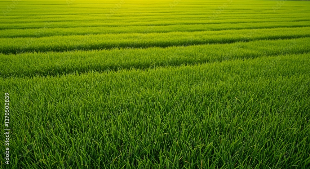 A lush green rice field with distinct rows of rice plants showcases the beauty of agricultural landscapes A lush green rice field with distinct rows of rice plants showcases the beauty of agricultural landscapes