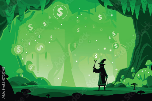 A powerful wizard conjures shimmering, golden currency symbols; intricate magical runes surround him; ethereal light illuminates the scene.