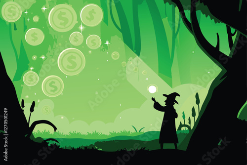 A powerful wizard conjures shimmering gold and silver currency symbols, arcane energy swirling around his hands.