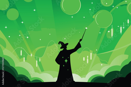 A majestic wizard conducts a vibrant symphony of glowing, ethereal fina, magical energy swirling around him.