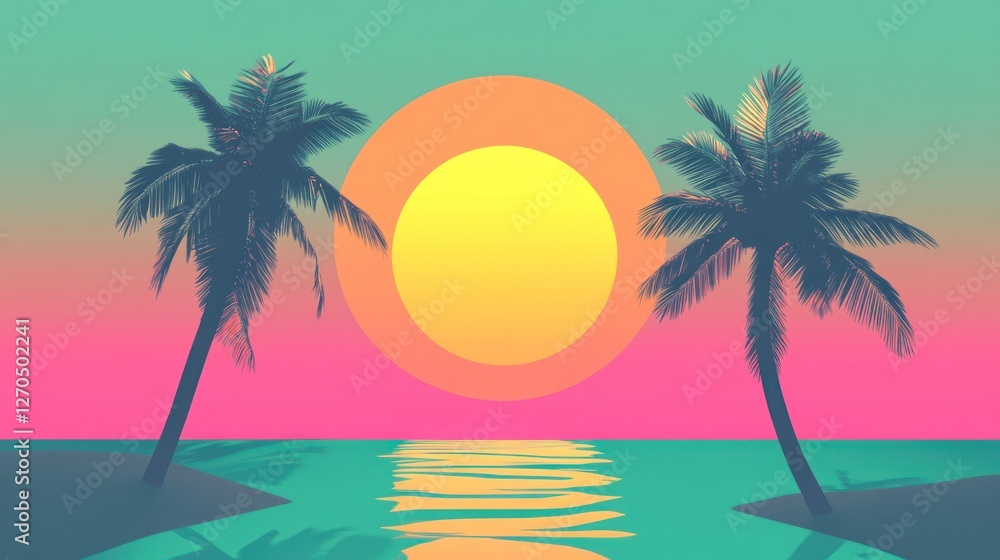 Obraz premium Tropical sunset beach scene, palm trees, ocean, design