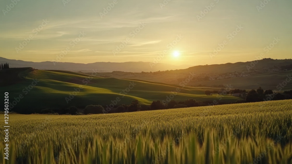 Fototapeta premium Tuscan sunset over rolling hills and wheat field