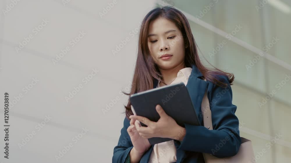 A beautiful Asian businesswoman in a navy suit looking at her tablet with concentration, standing outside a modern office building in an urban setting.